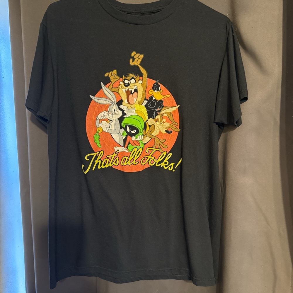 Warner Bros. Men’s Black Looney Tunes Circle Graphic Tee “That’s all Folks” M